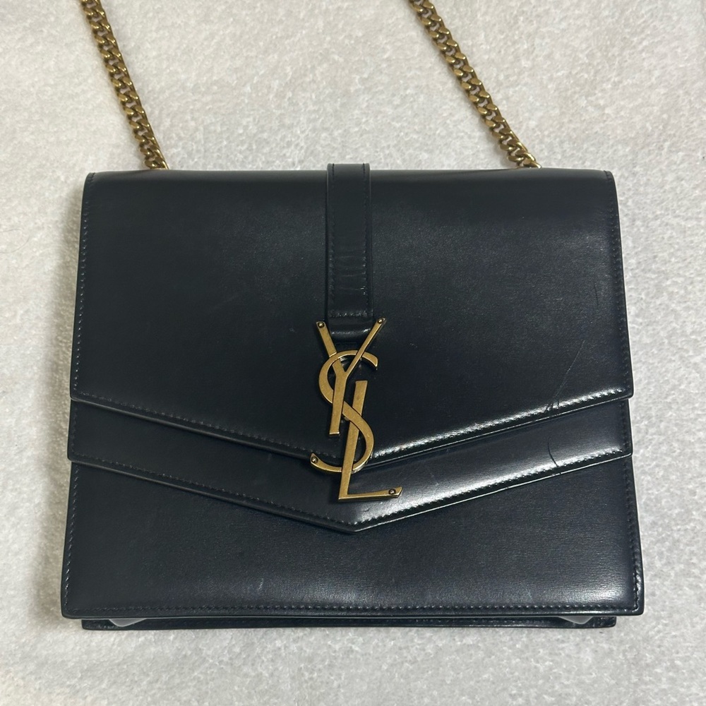 Yves Saint Laurent YSL Gold chain monogram black leather bag